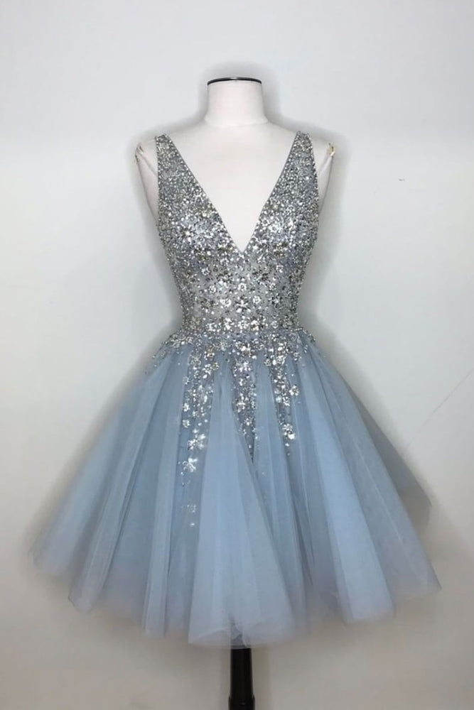 Blue v neck tulle sequin short prom ...